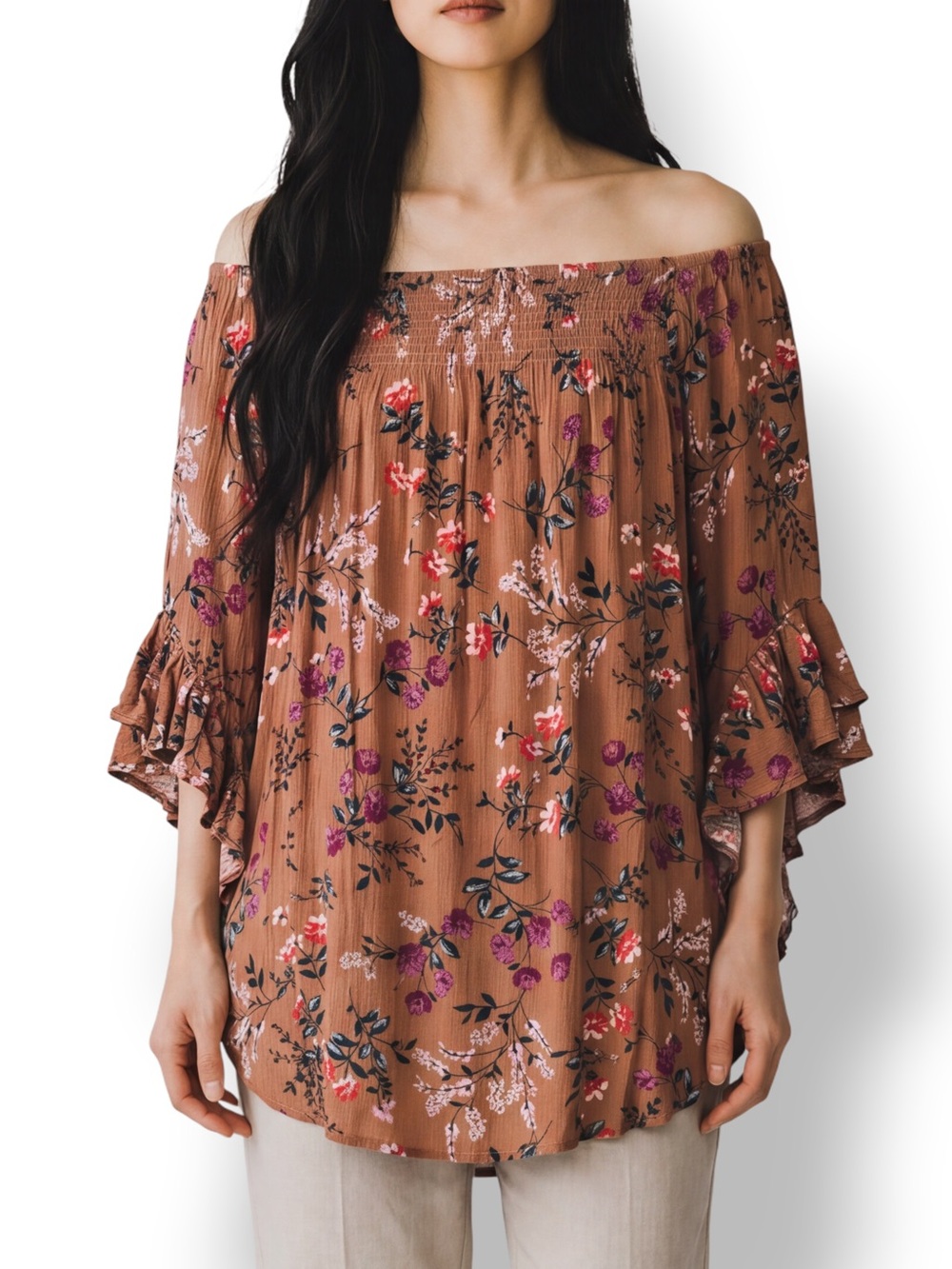 4/$20 Umgee USA Floral Peasant Boho Tunic Blouse Bell Sleeve Smocked Neck Size S